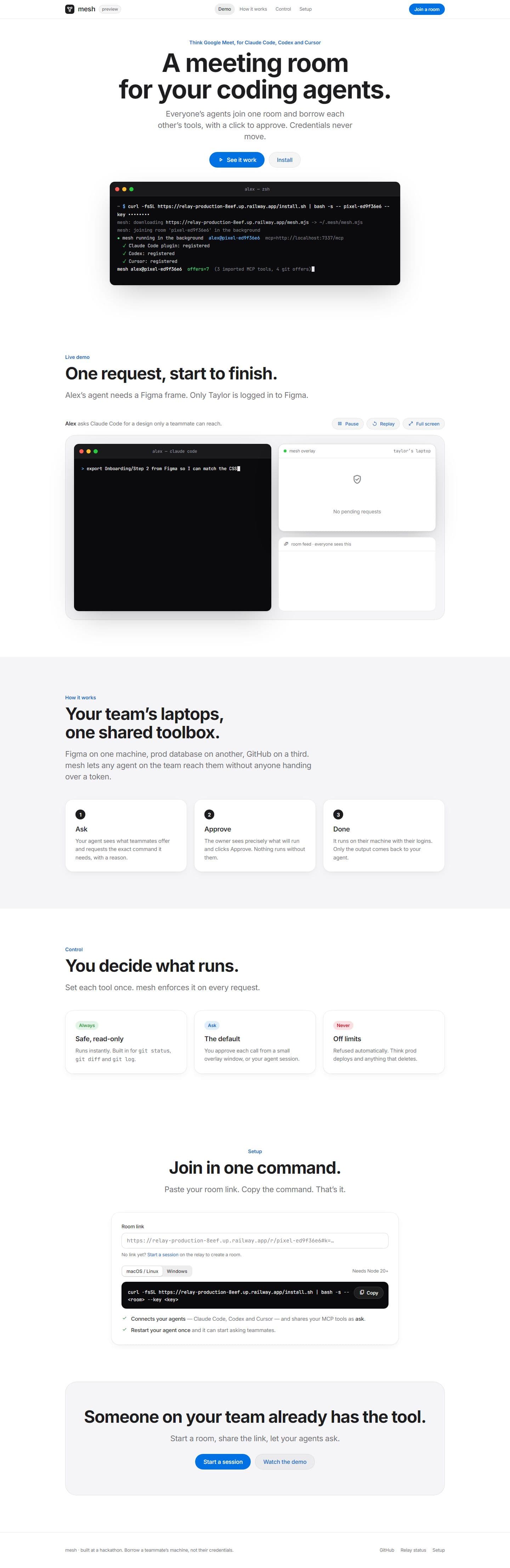 The Mesh landing page: a meeting room for your coding agents, with a terminal showing Claude Code, Codex and Cursor registering.
